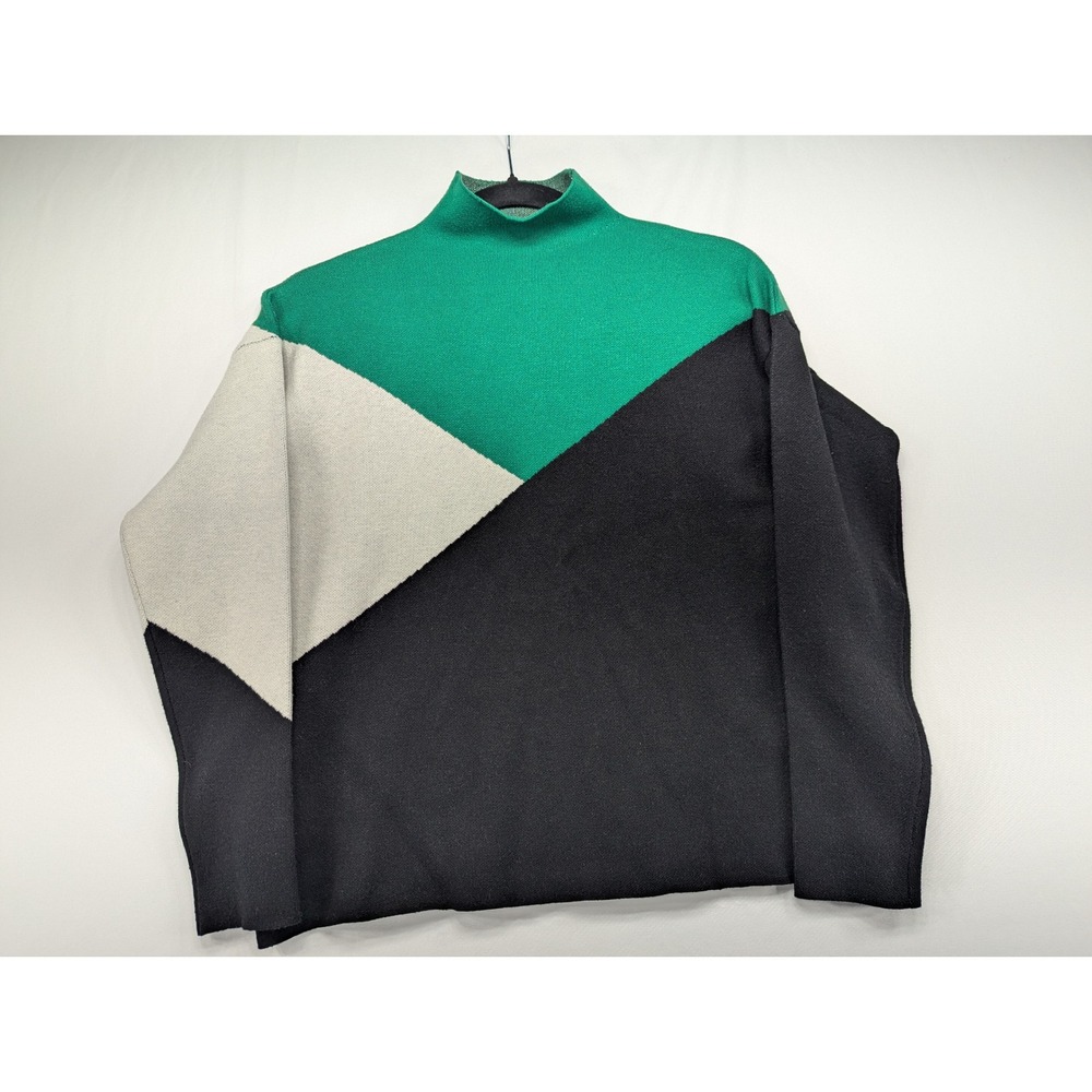 Tahari Womens Green Black Colorblock‎ Mock Neck Geometric Knit Sweater Small